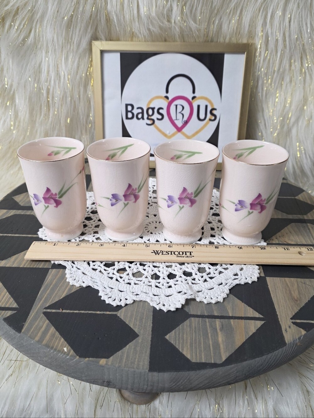 SET OF 4 VINATGE JAPANESE PINK CRACKLE GLAZE FLOWER TEA CUPS EUC FAST SHIP